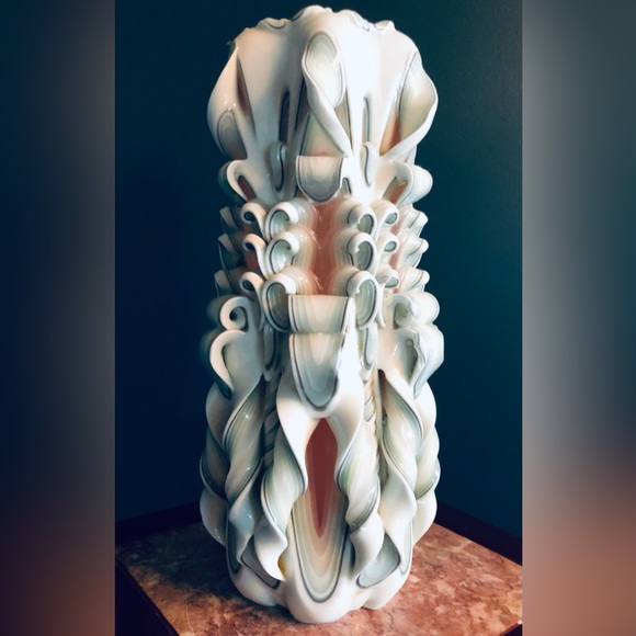 Handmade Carved Candle White with shades of green & shell, pink 12.5" h x 5.5"w - Picture 1 of 14